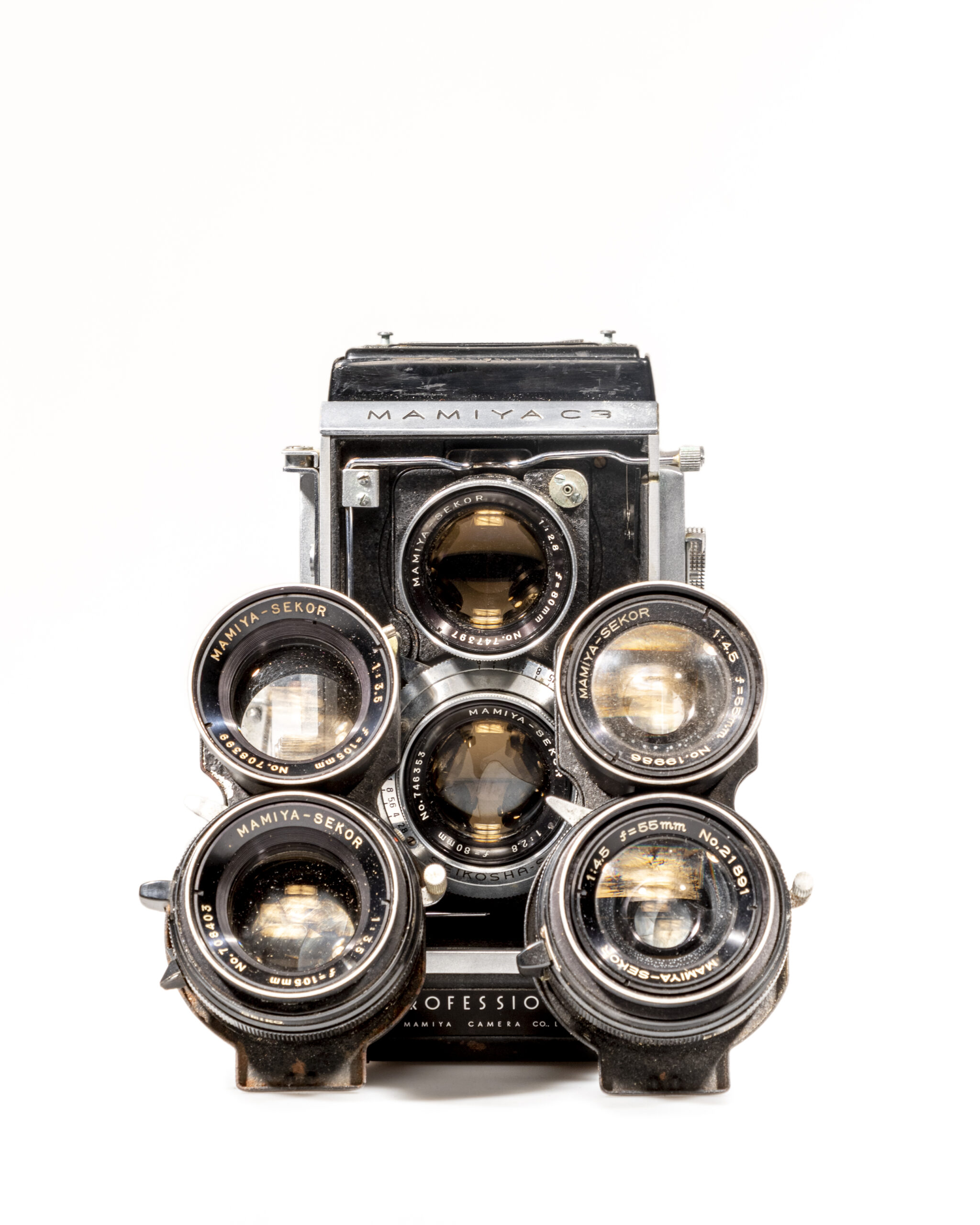 Six lenses of the Mamiya c3 twin lens reflex camera